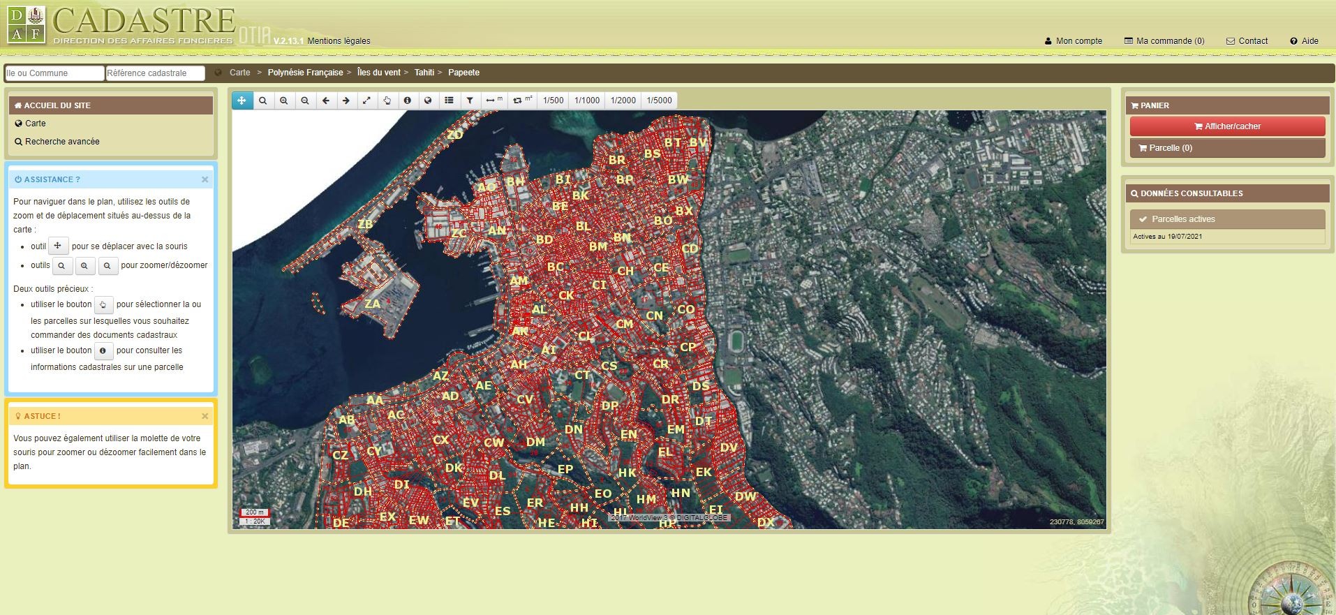 Capture d’écran de l’application cadastrale OTIA développée par Coexya pour la Direction des Affaires Foncières de Polynésie française. La carte interactive affiche les parcelles géoréférencées et permet la gestion des données foncières via une solution SIG complète intégrant la GED, les workflows, les dossiers d’arpentage, les chantiers et les actes notariés.