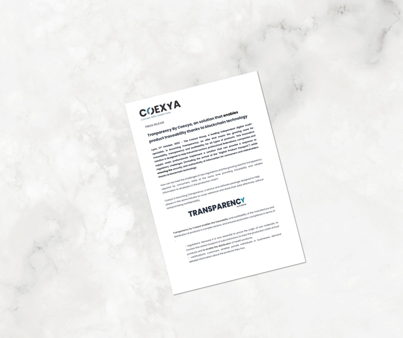 Communiqué de presse de Coexya portant sur le lancement de la solution Transparency, une offre qui garantit la traçabilité des produits grâce à la technologie blockchain.
