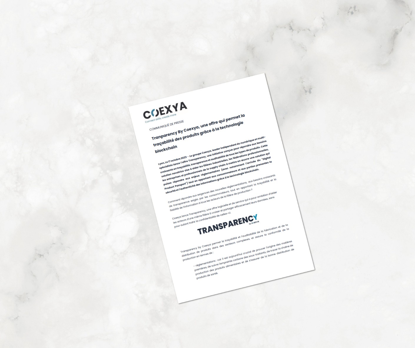 Communiqué de presse de Coexya portant sur le lancement de la solution Transparency, une offre qui garantit la traçabilité des produits grâce à la technologie blockchain.