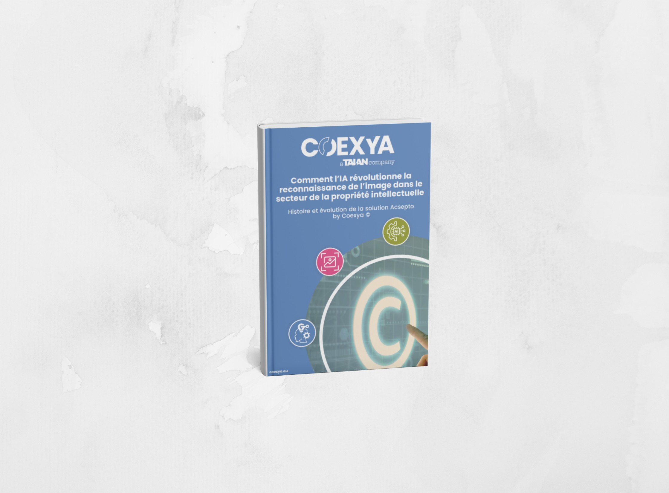 Visuel du livre blanc Coexya intitulé « Comment l’IA révolutionne la reconnaissance de l’image dans le secteur de la propriété intellectuelle ». La couverture présente un doigt interagissant avec une interface numérique illustrant la vision par ordinateur, accompagné d’icônes symbolisant la technologie et les marques.
