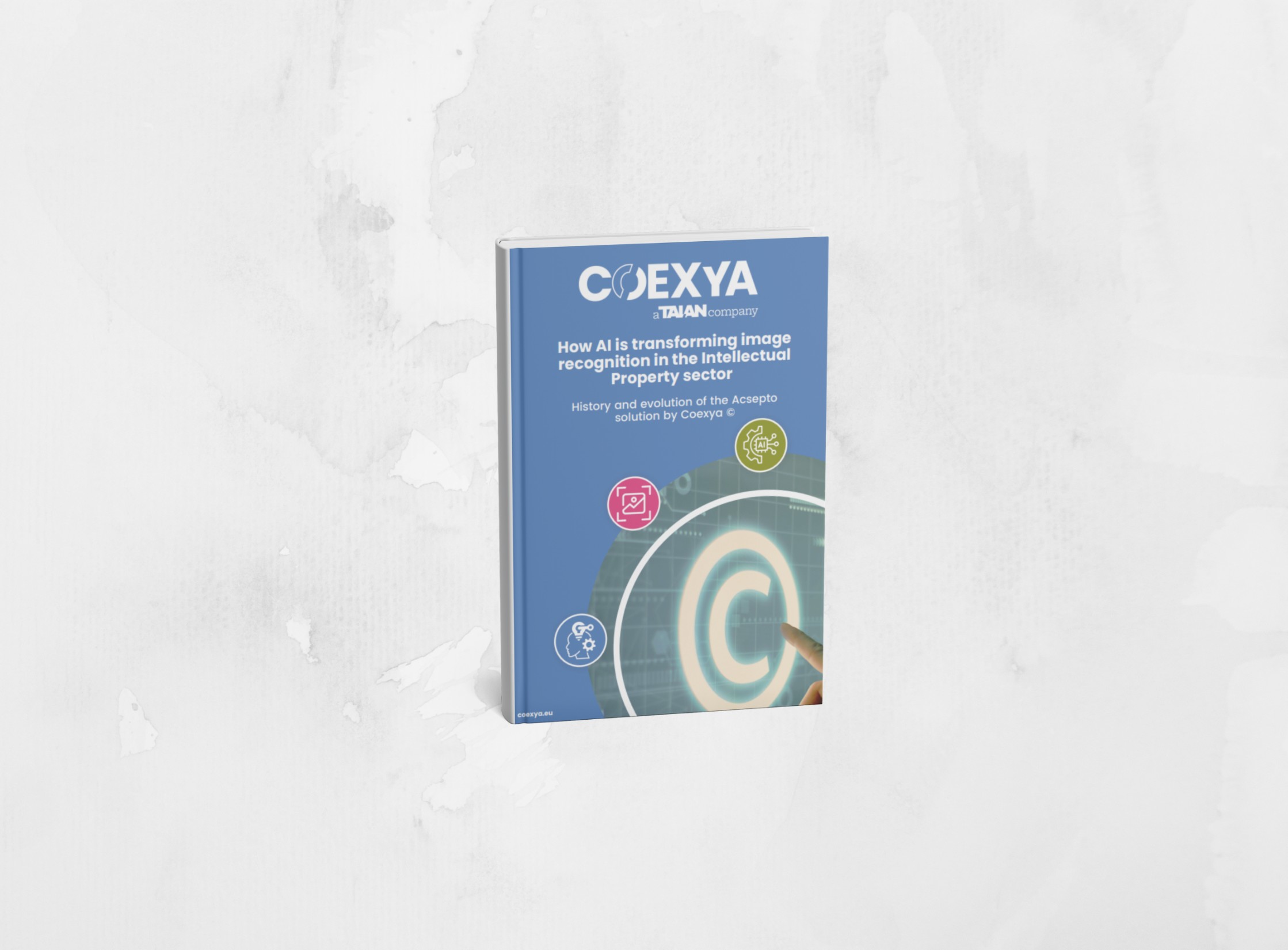 Visuel du livre blanc Coexya intitulé « Comment l’IA révolutionne la reconnaissance de l’image dans le secteur de la propriété intellectuelle ». La couverture présente un doigt interagissant avec une interface numérique illustrant la vision par ordinateur, accompagné d’icônes symbolisant la technologie et les marques.