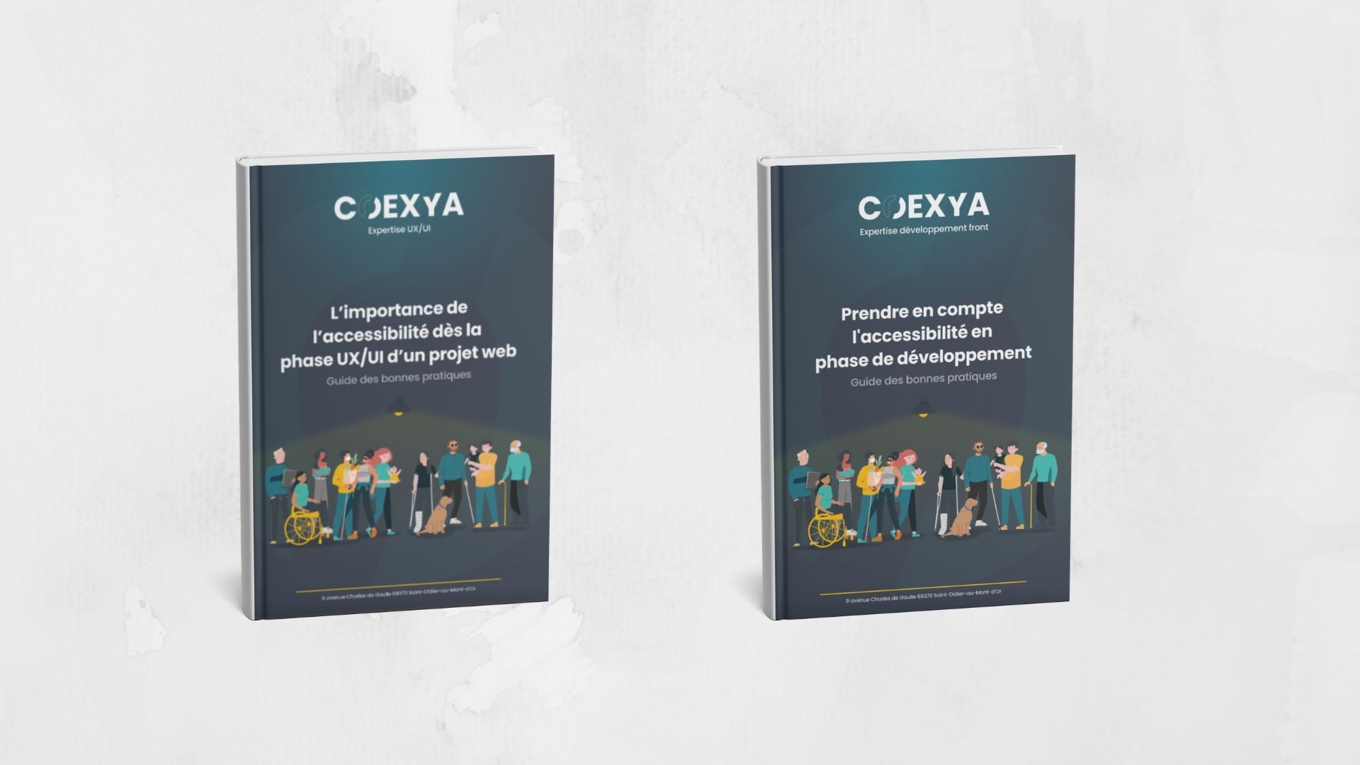 L’image montre deux livres blancs de Coexya sur l’accessibilité numérique, illustrant la prise en compte de l’accessibilité dès la conception UX/UI et durant le développement des projets web.