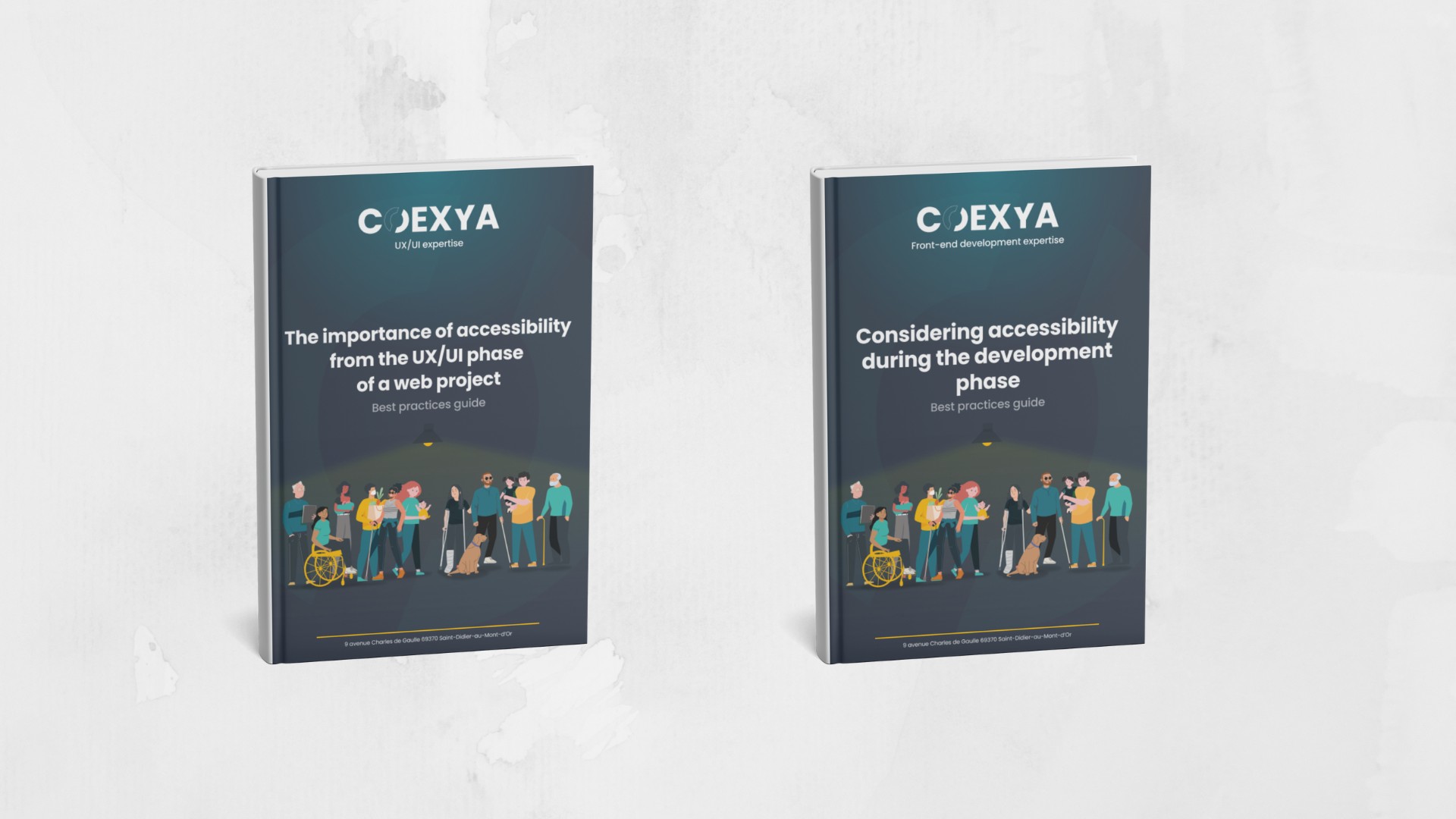 L’image montre deux livres blancs de Coexya sur l’accessibilité numérique, illustrant la prise en compte de l’accessibilité dès la conception UX/UI et durant le développement des projets web.