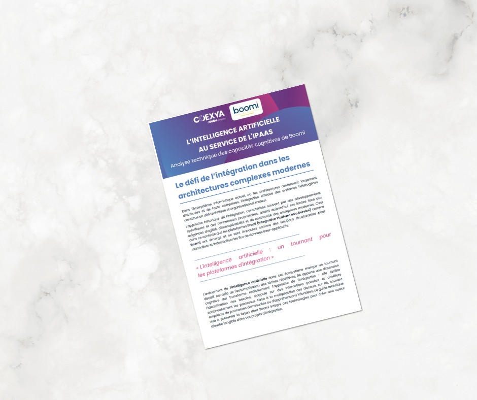 Illustration du guide « L’IA au service de l’iPaaS » – Coexya et Boomi, montrant un document PDF à télécharger sur l’intégration intelligente